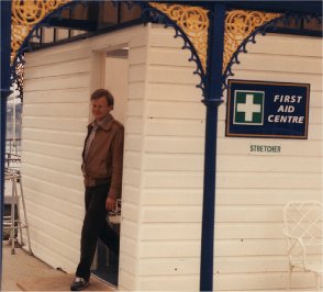 Gareth exits the First Aid room after falling while rollerskating